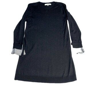 Ann Taylor Loft Black Long Sleeve Dress With Striped Cuffs & Ties
